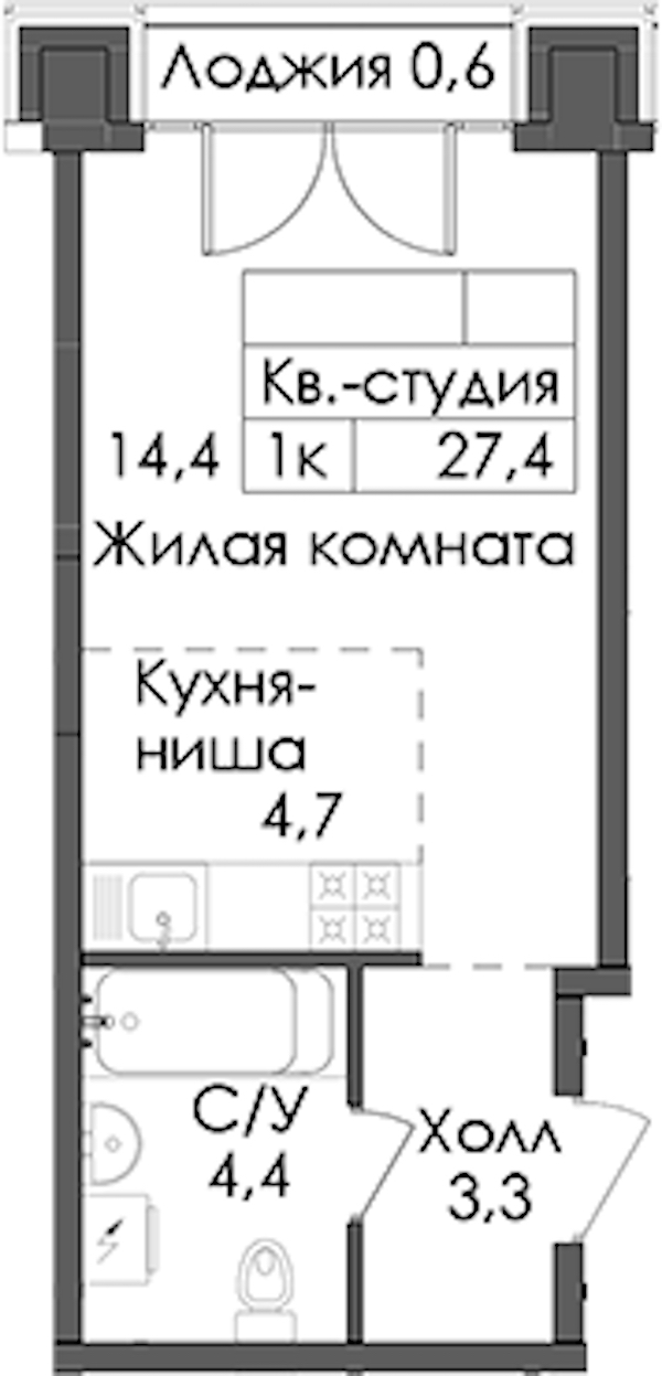 Квартира студия 27.4 м², 9/9 эт., ЖК «Лермонтовский 54»